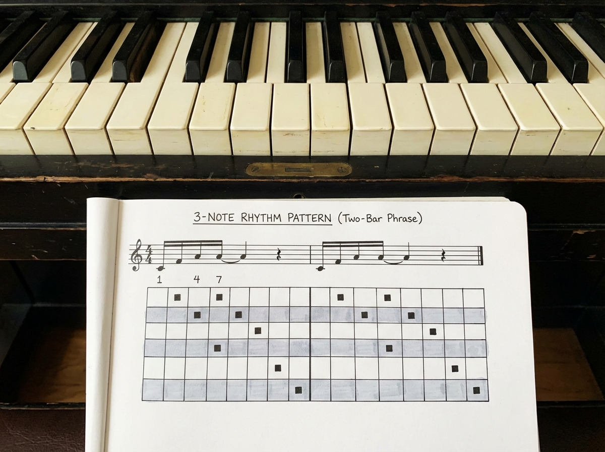 Piano keyboard with 3-note rhythm pattern notation beneath it showing which 16th note positions are played across a two-bar phrase, with rest positions shaded in grey