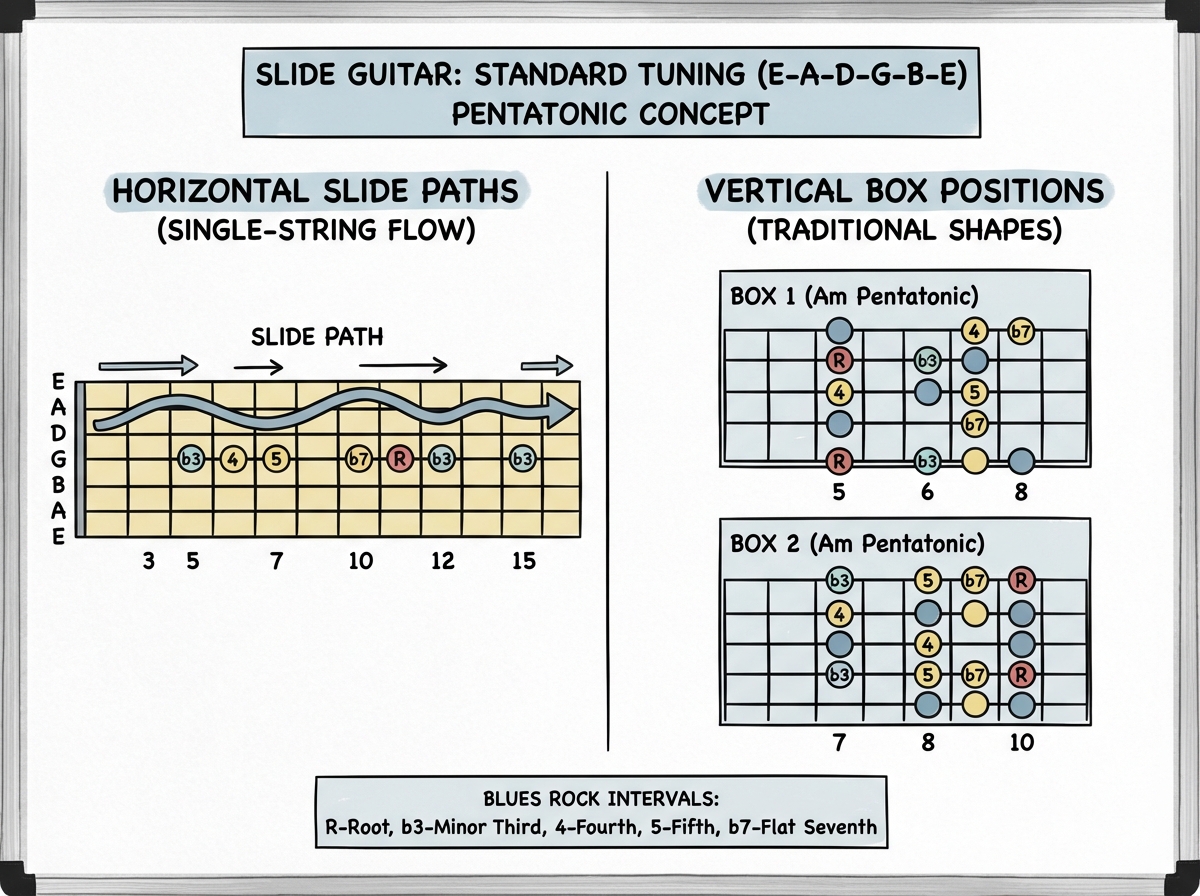 Horizontal vs vertical pentatonic scale concept diagram for slide guitar in standard tuning showing single-string slide paths along fretboard versus traditional box position shapes with key blues rock intervals labeled