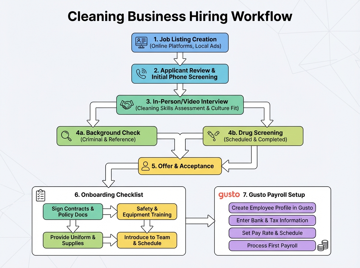 Cleaning business hiring workflow diagram showing job listing creation, interview process, background check and drug screening steps, onboarding checklist, and Gusto payroll setup for a cleaning team
