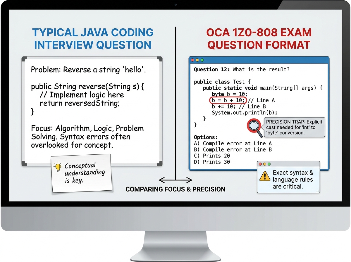 Side-by-side comparison of typical Java coding interview question versus OCA 1Z0-808 exam question format, highlighting precision of language-level syntax traps