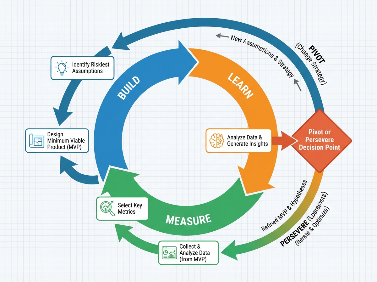 Lean Startup Build-Measure-Learn loop diagram for startup innovation showing riskiest assumption identification, minimum viable product design, key metrics selection, and pivot-or-persevere decision point with feedback arrows