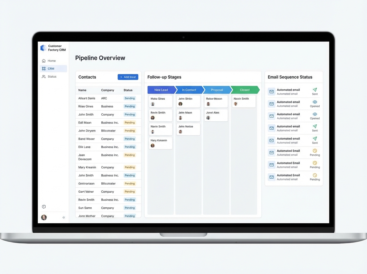 Simple small business CRM dashboard showing contact list, follow-up stages, and automated email sequence status for a customer factory pipeline