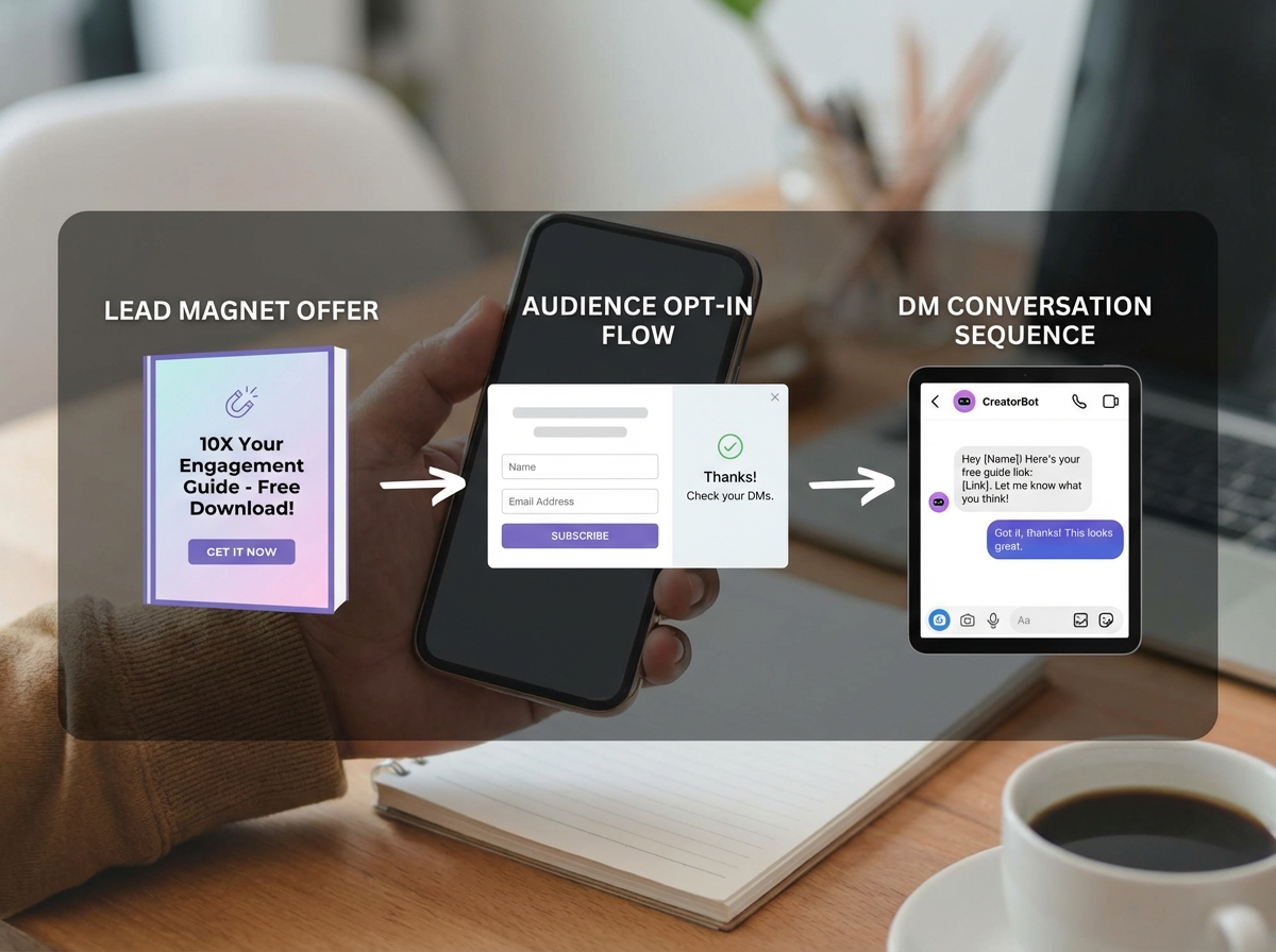 Social media creator attraction magnet strategy scene showing lead magnet offer, audience opt-in flow, and direct message conversation sequence on a mobile screen