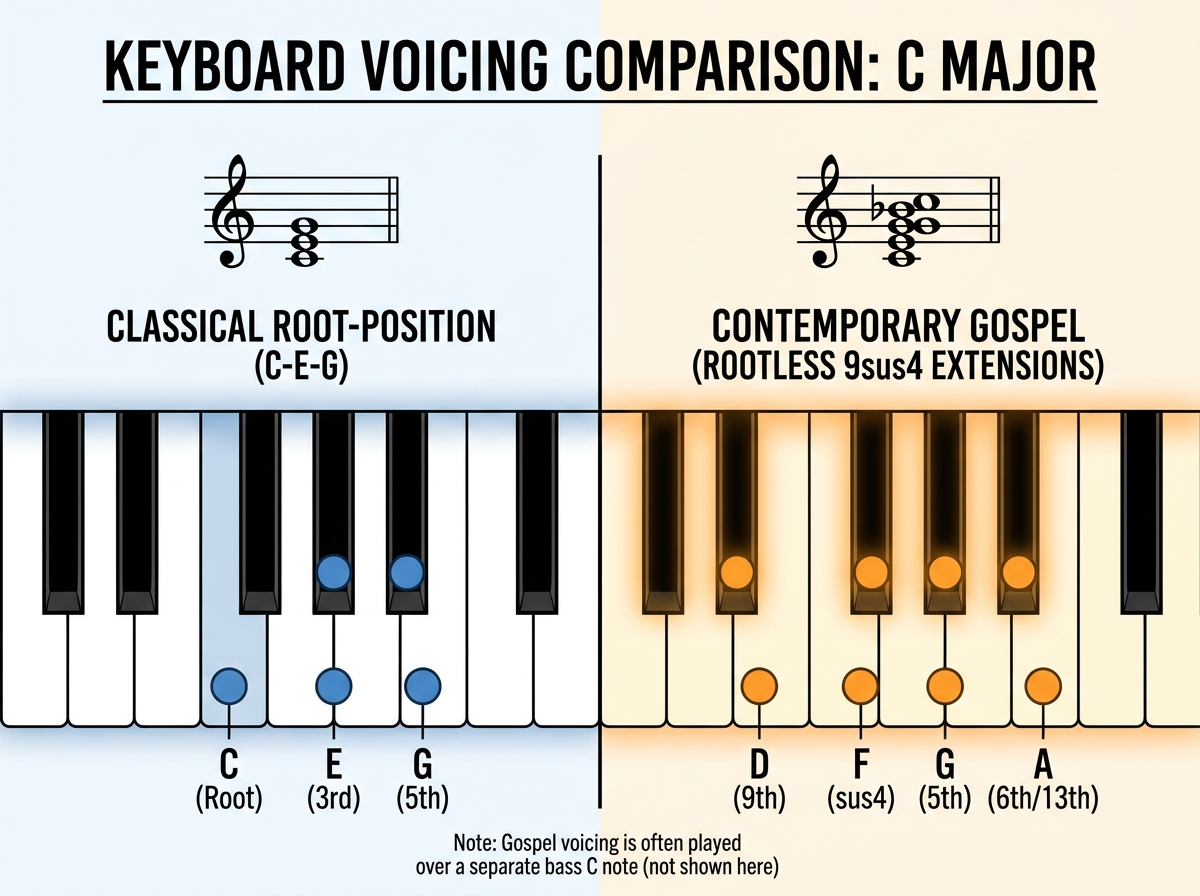 Side-by-side keyboard diagram comparing classical root-position C major chord voicing versus contemporary gospel piano rootless voicing with 9th and suspended 4th extensions