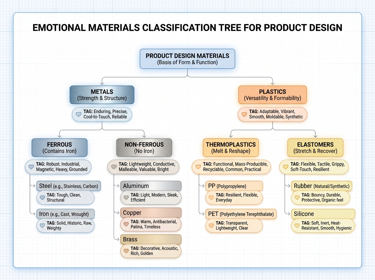 Emotional materials classification tree for product design showing metals branching into ferrous and non-ferrous, plastics into thermoplastics and elastomers, with emotional tags at each branch node