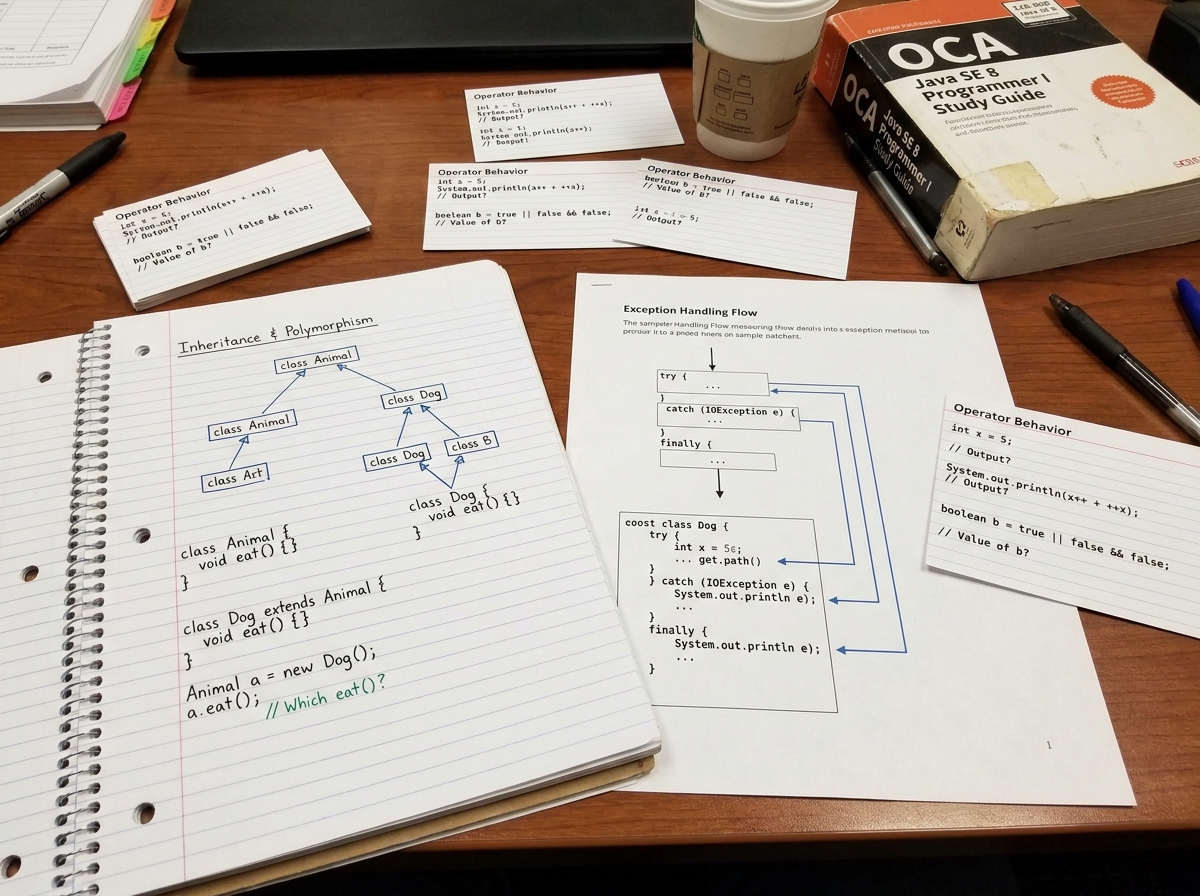 Java OCA exam topic breakdown showing inheritance polymorphism questions, exception handling flow code snippets, and operator behavior examples as they appear in 1Z0-808 format