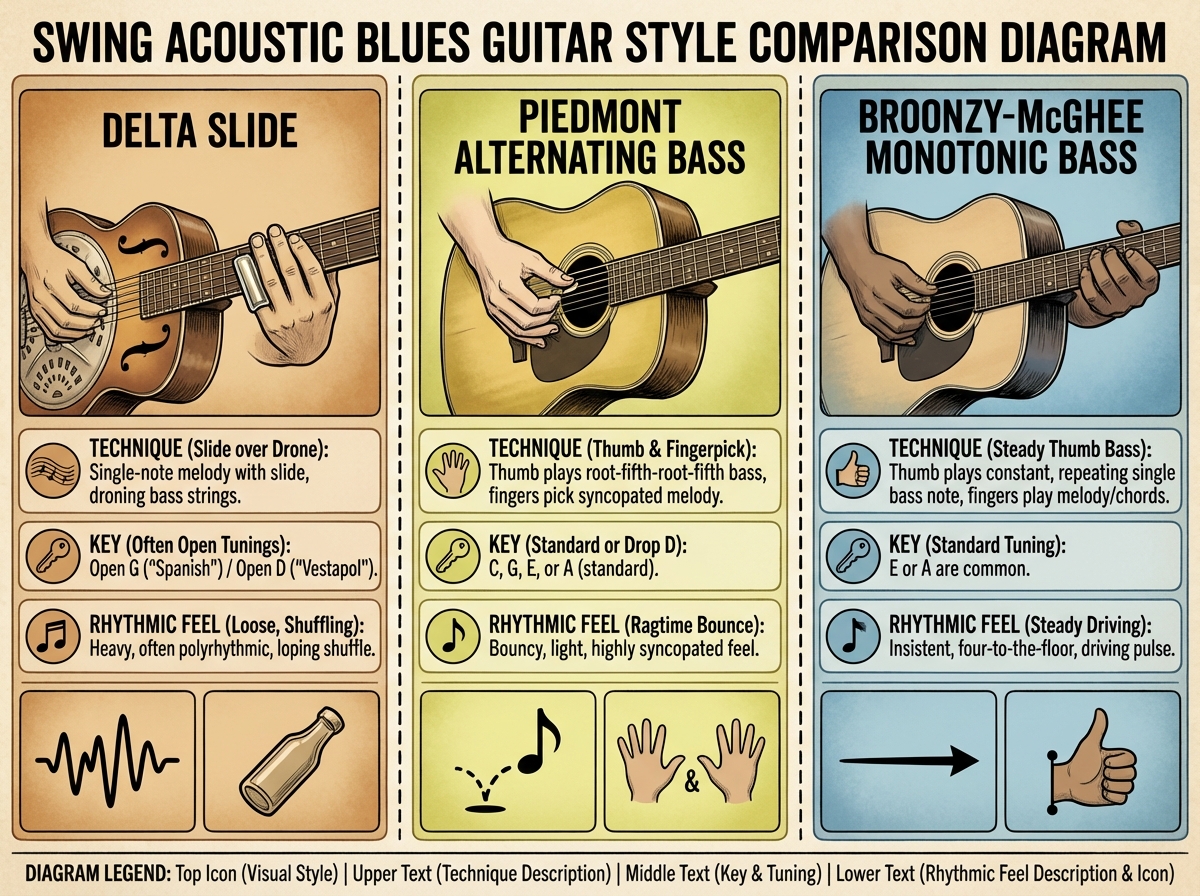 Swing acoustic blues guitar style comparison diagram showing Delta slide, Piedmont alternating bass, and Broonzy-McGhee monotonic bass technique side by side with key and rhythmic feel labels