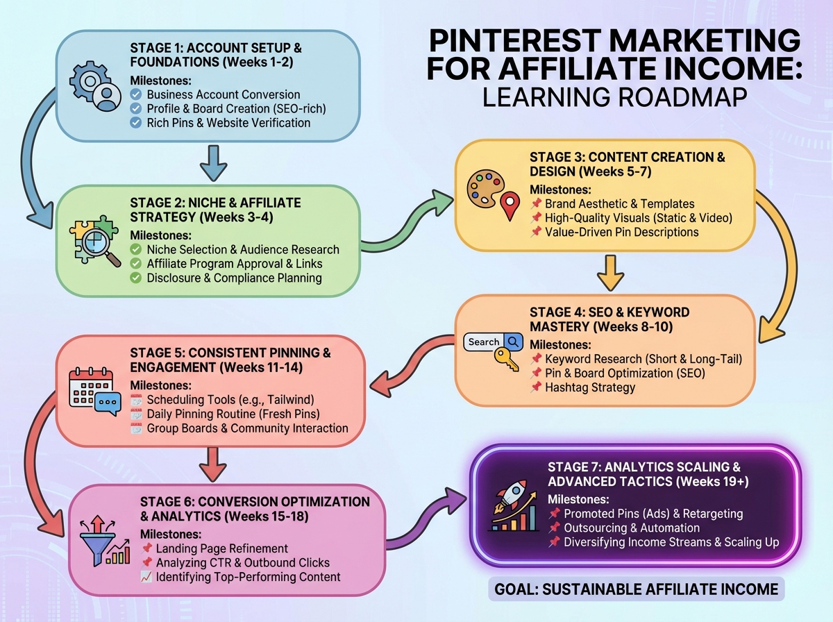 Pinterest marketing for affiliate income learning roadmap showing seven sequential stages from account setup through analytics scaling, with estimated weeks and key milestones per stage