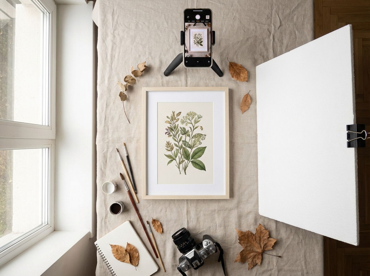 Flat-lay photography setup for visual creative Instagram content showing natural window light, foam board reflector, neutral background, and finished art piece positioned for overhead product shot