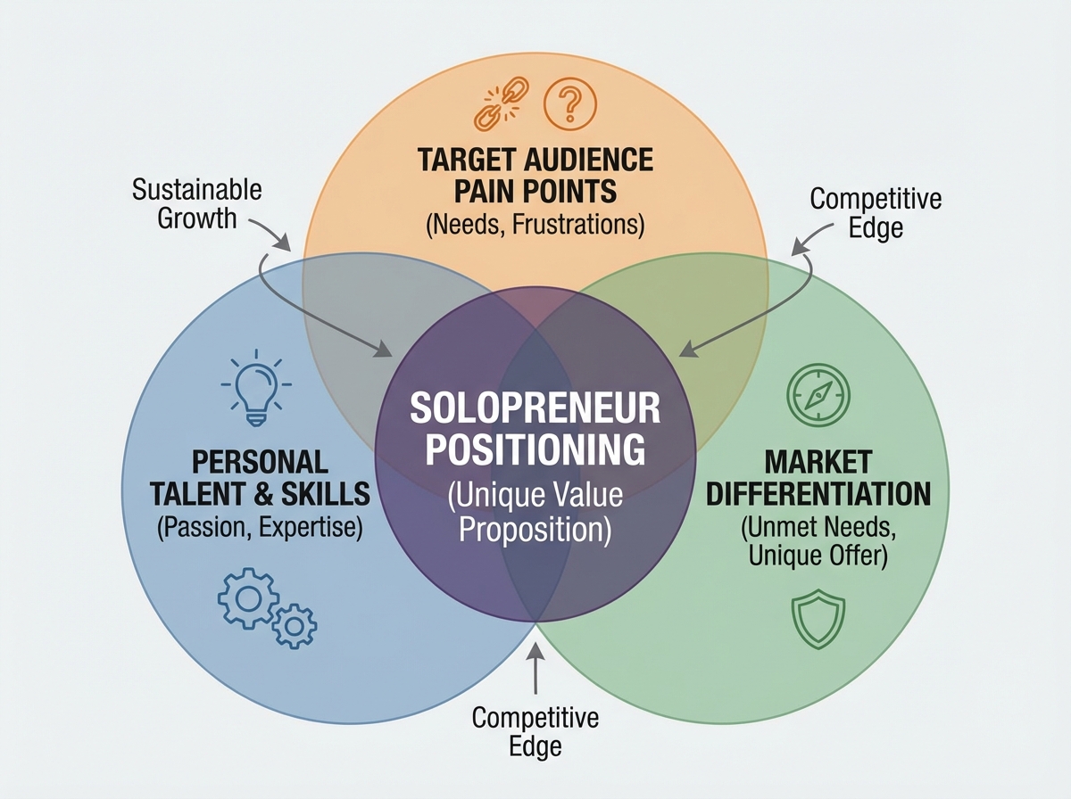 Unique value proposition framework diagram for online entrepreneurship showing three overlapping circles of personal talent, target audience pain point, and market differentiation for solopreneur positioning