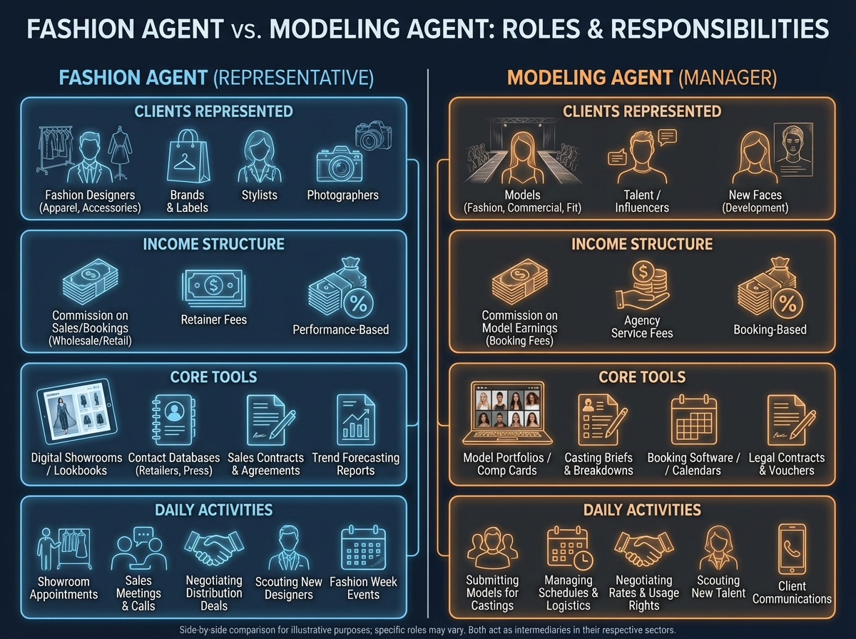 Side-by-side comparison of fashion agent vs modeling agent roles showing clients represented, income structure, core tools, and daily activities