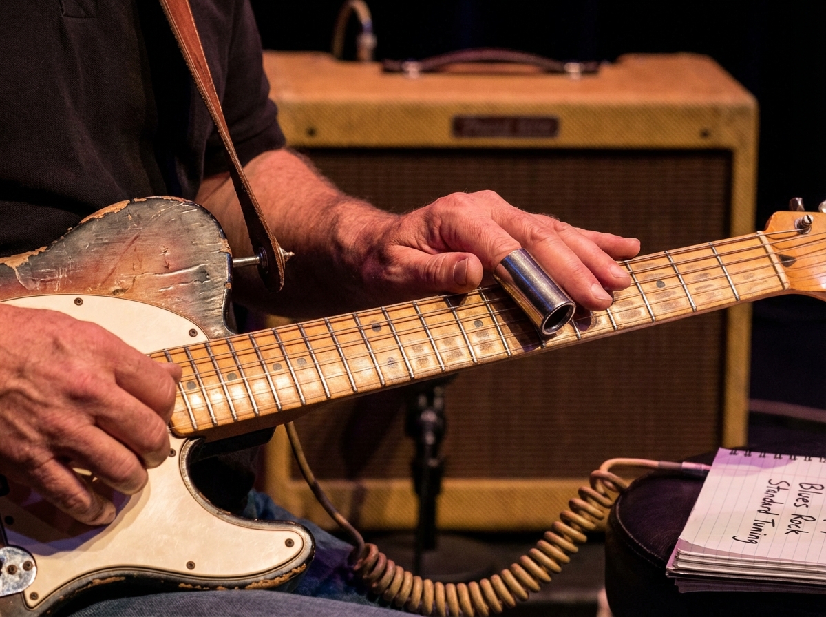 Close-up scene of slide guitar muting technique showing right-hand palm resting behind slide contact point and left-hand fingers trailing behind the slide on fretboard to demonstrate blues rock standard tuning string control