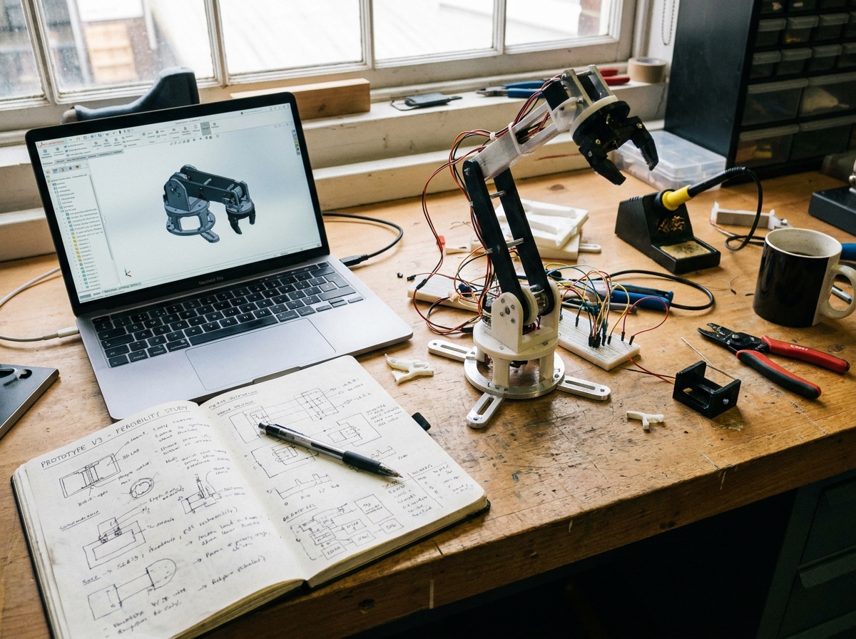 A desk with a laptop, a notebook, and a prototype in progress