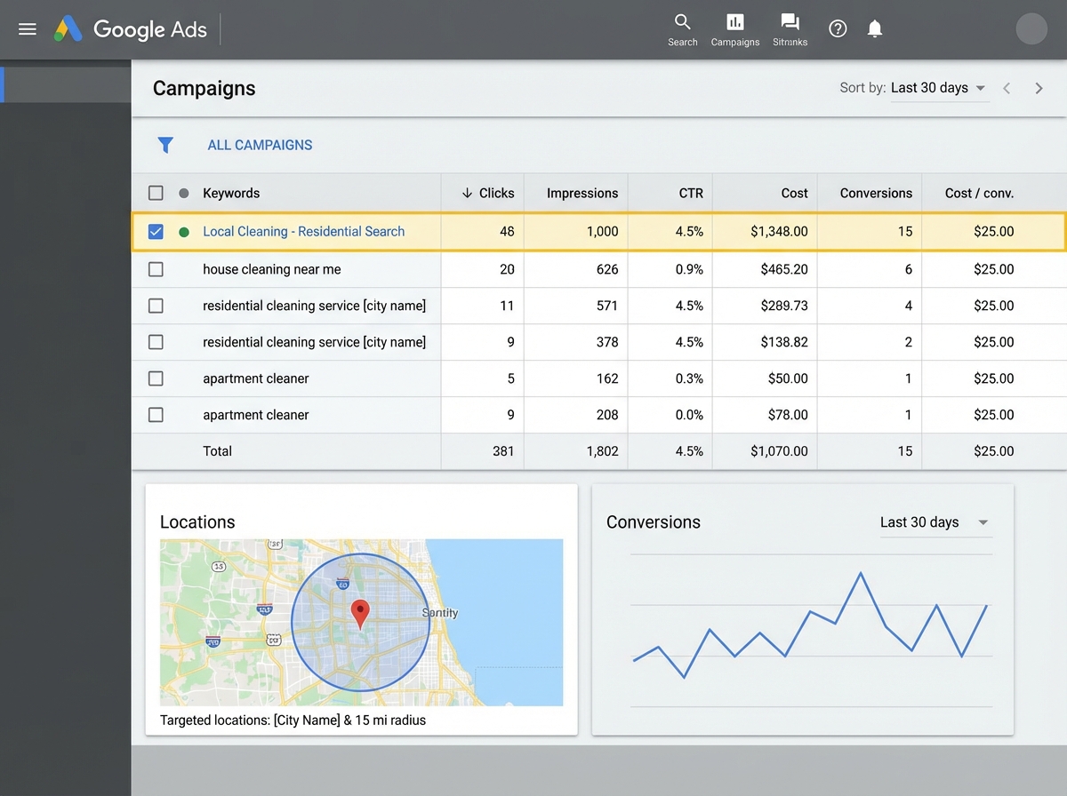 Google Ads campaign dashboard for a local cleaning business showing geo-targeted search campaign with keywords, click-through rate, cost per lead, and conversion tracking for residential cleaning service