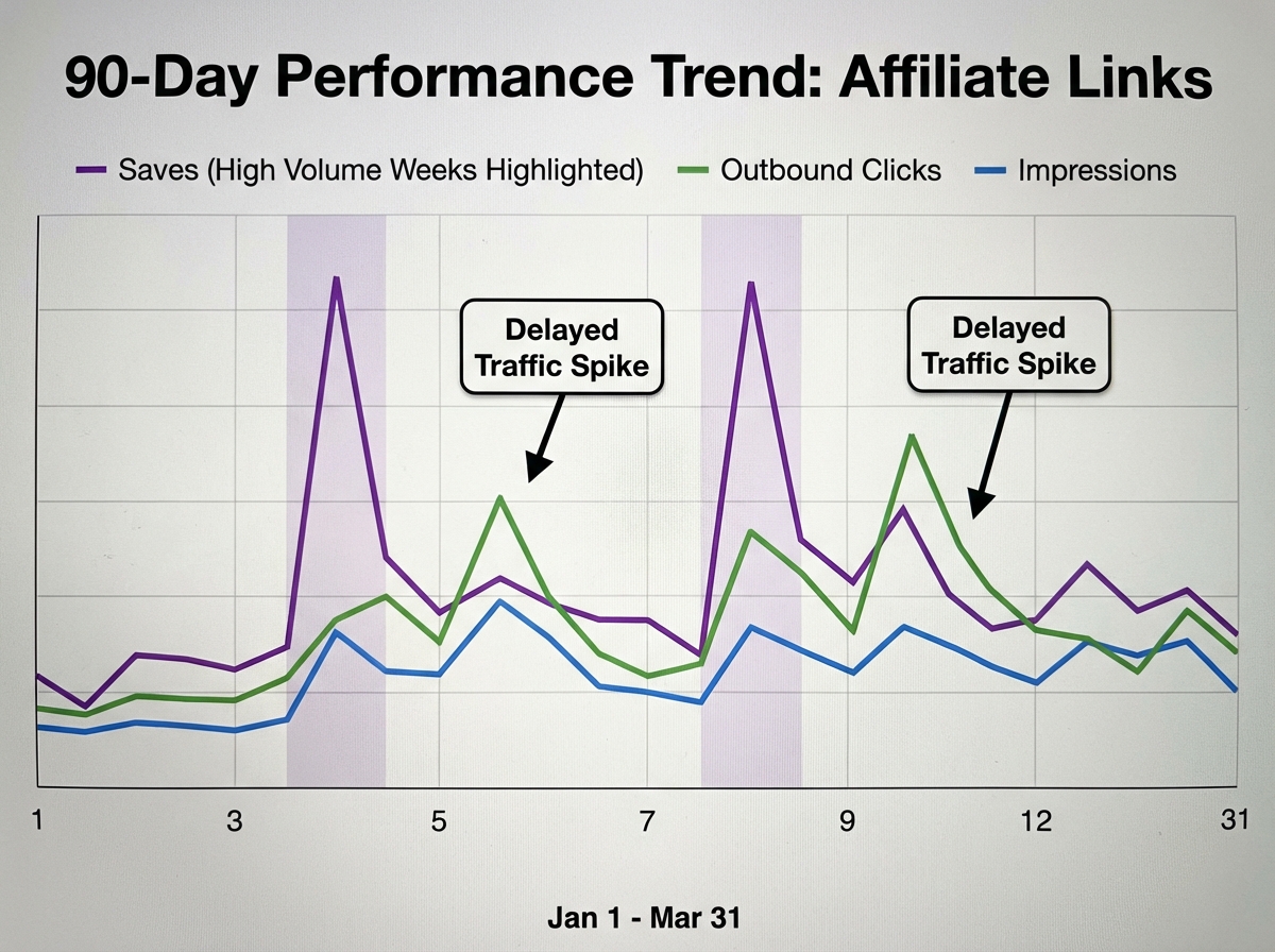 Pinterest Analytics dashboard chart for affiliate marketing account displaying 90-day trend lines for outbound clicks, saves, and impressions, highlighting delayed traffic spikes following high save volume weeks