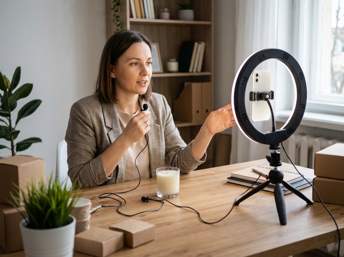 Small business owner recording a product demo video using iPhone on a simple desk tripod with a ring light and lapel microphone — home office setup