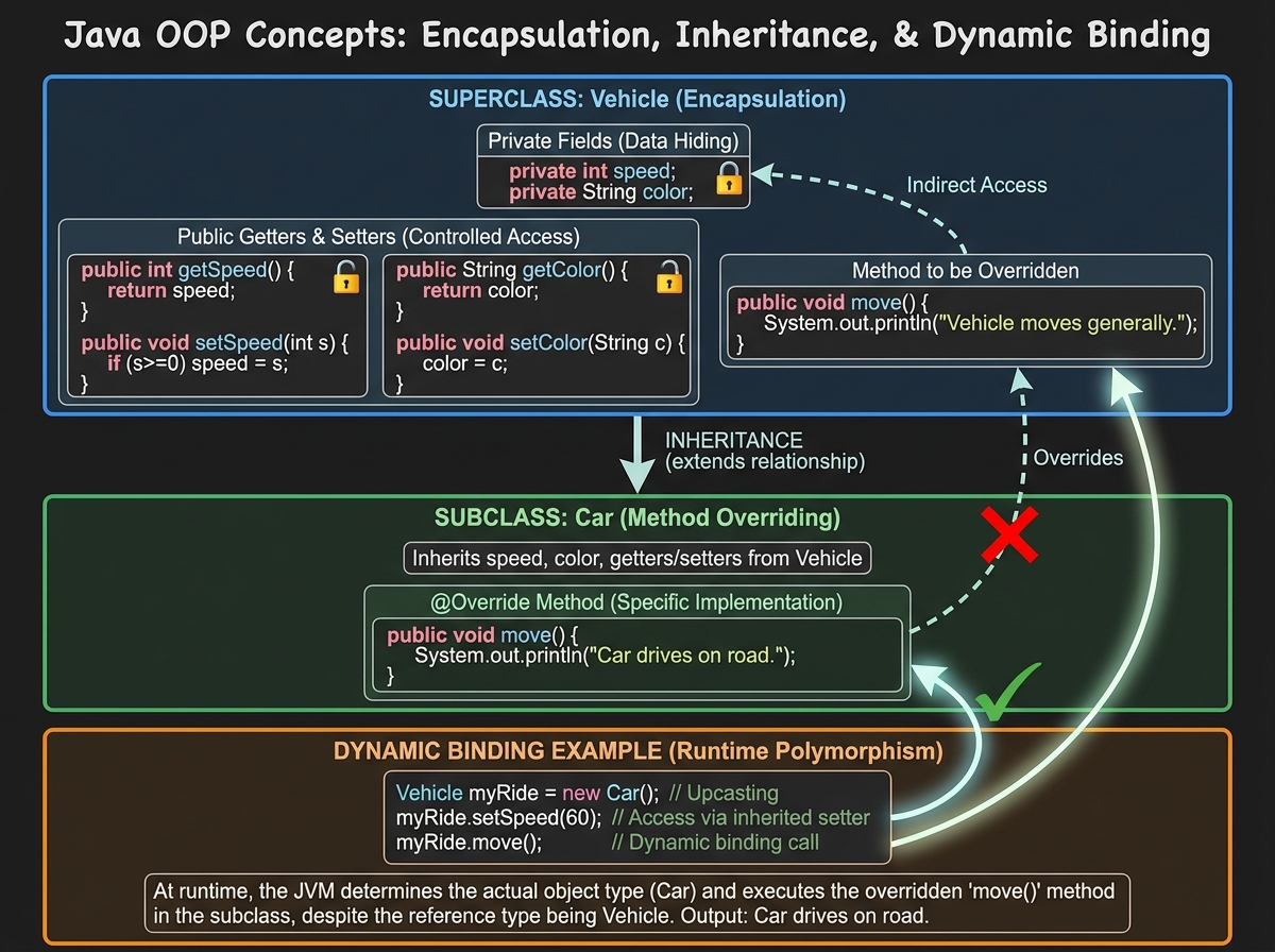 Java OOP encapsulation and inheritance concept diagram showing private fields with public getters and setters, superclass to subclass relationship with method overriding and dynamic binding example
