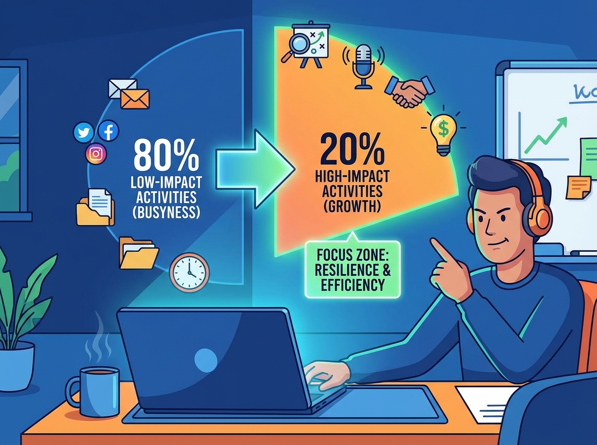 Solopreneur resilience and efficiency concept illustration showing Pareto Principle 80/20 split of high-impact versus low-impact online business activities with a focus zone highlight