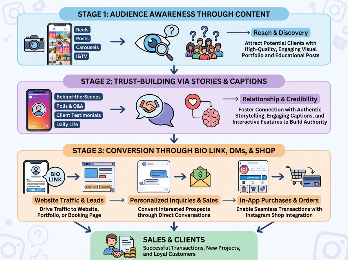 Instagram sales funnel for visual creative business showing audience awareness through content, trust-building via Stories and captions, and conversion through bio link, DMs, and shop integration