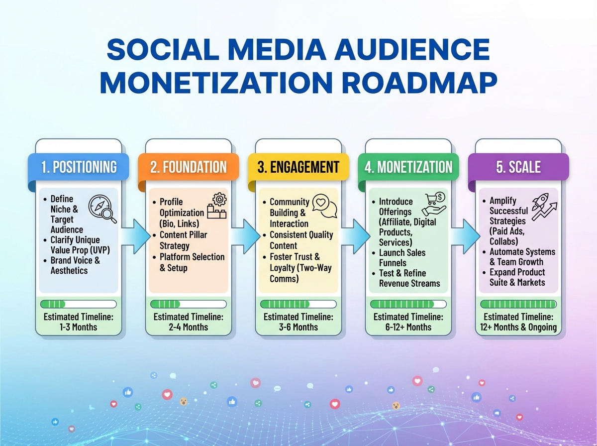 Social media audience monetization roadmap with five sequential stages: positioning, foundation, engagement, monetization, and scale — with estimated timelines per stage