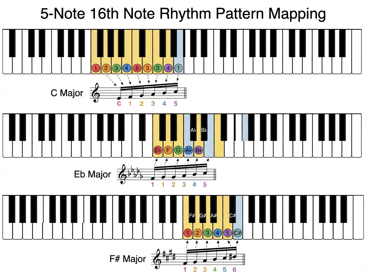 Piano keyboard diagram showing the same 5-note 16th note rhythm pattern mapped across three different starting keys — C, Eb, and F# — with finger position indicators for each