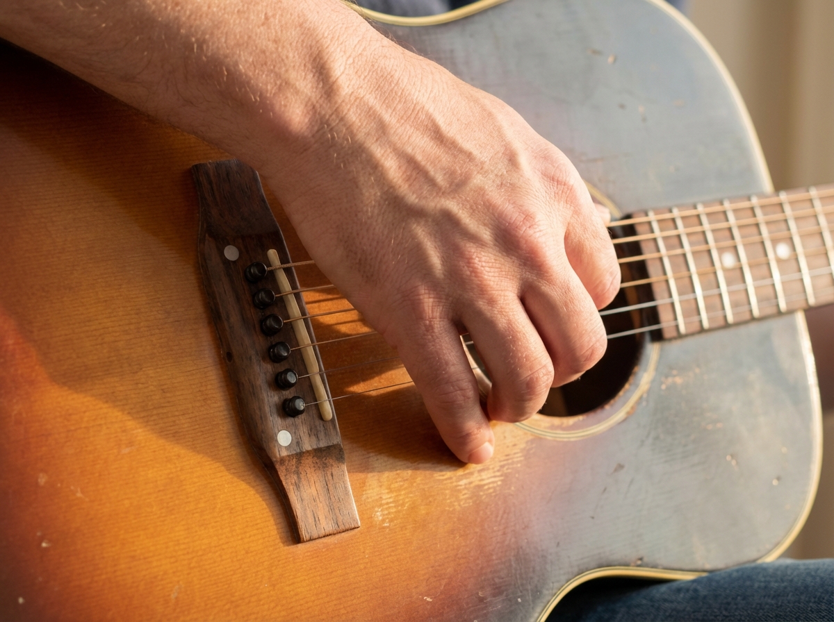 Close-up scene of right hand palm damping position on acoustic blues guitar near bridge saddle, thumb on bass string with heel of hand lightly resting on strings, fingerpicking blues technique shown