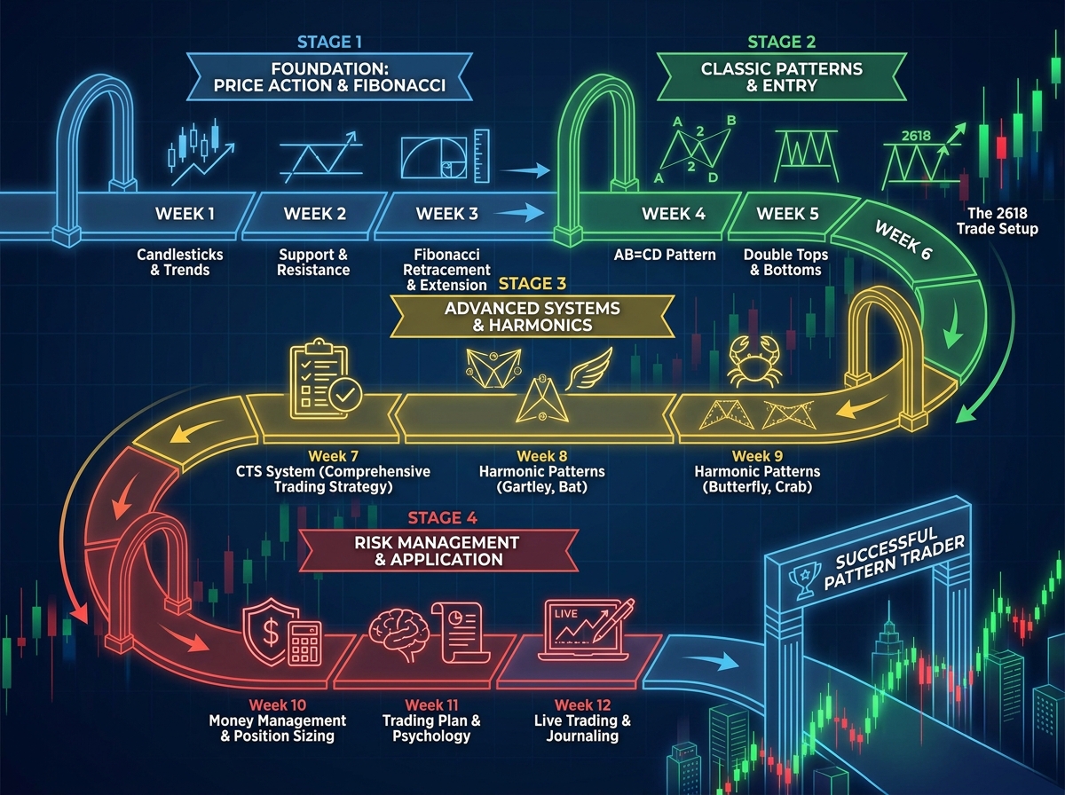 12-week forex pattern trading learning path roadmap showing stages from price chart reading through Fibonacci and AB=CD, double tops, 2618 trade, CTS system, harmonic patterns, to money management