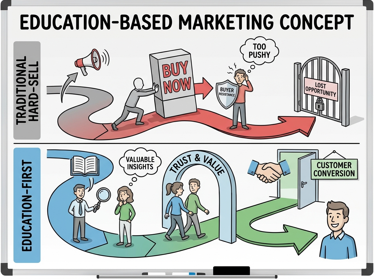 Education-based marketing concept showing two paths: traditional hard-sell approach triggering buyer resistance versus education-first approach building trust and leading naturally to customer conversion