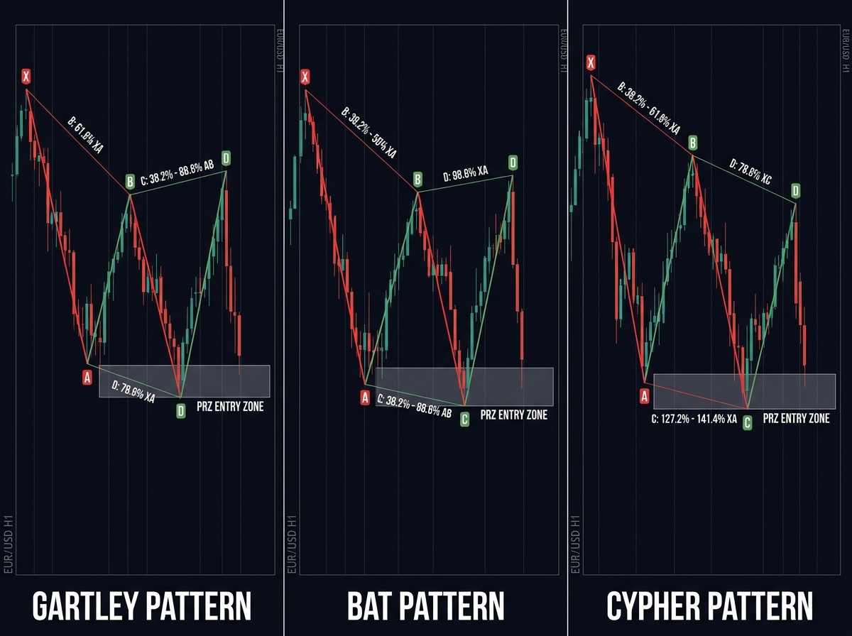 Side-by-side comparison of Gartley, Bat, and Cypher harmonic patterns on forex price charts showing X A B C D swing labels, Fibonacci ratio annotations, and PRZ entry zones