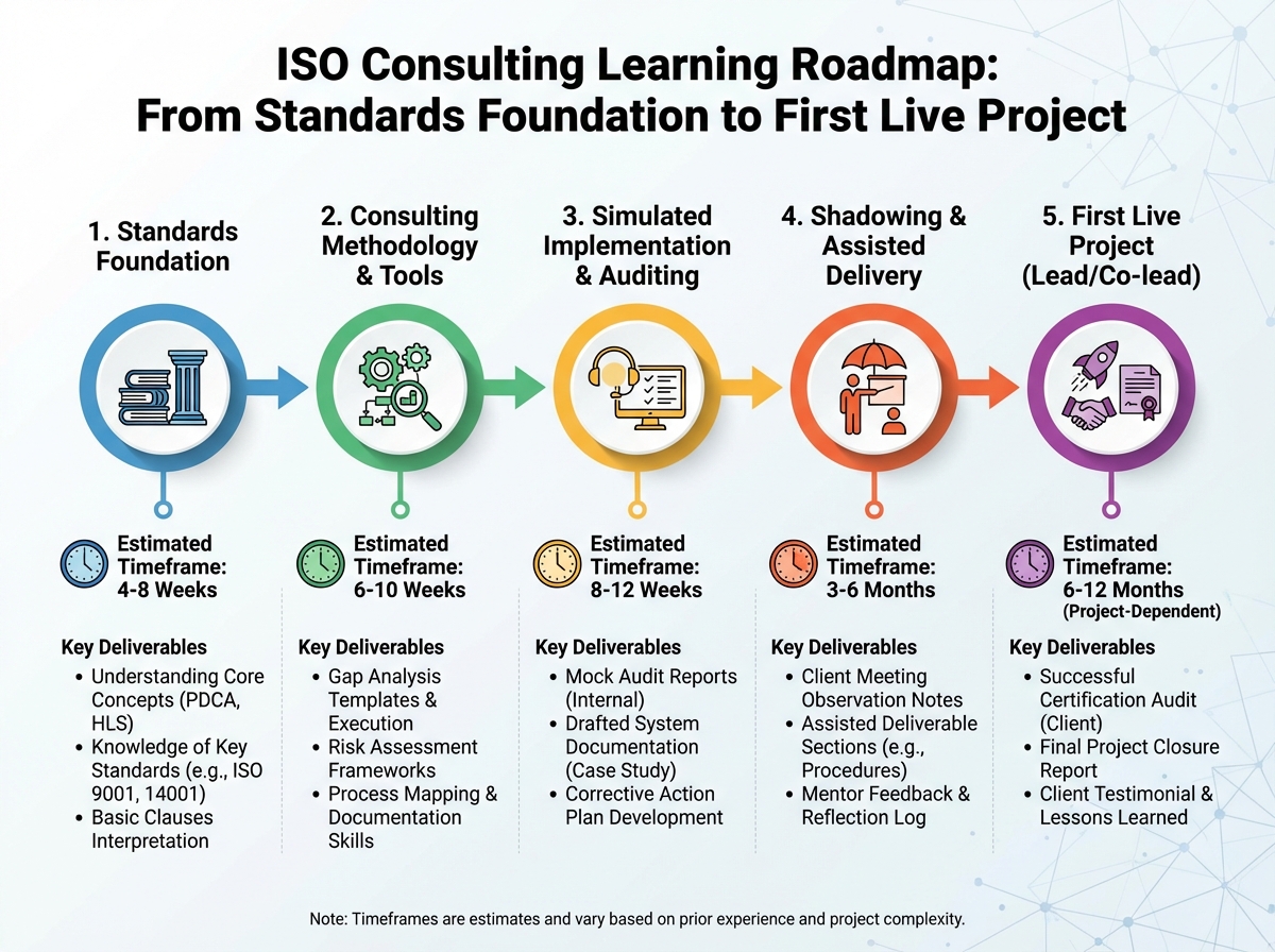 ISO consulting learning roadmap showing five sequential stages from standards foundation through first live project with estimated timeframes and key deliverables at each stage