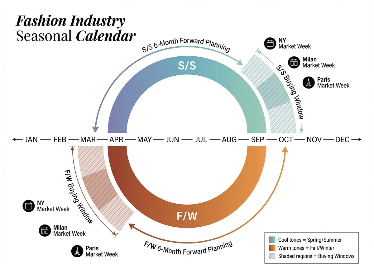 Fashion industry seasonal calendar diagram showing Spring/Summer and Fall/Winter buying windows, major market weeks in Paris, Milan, and New York, and the six-month forward planning cycle