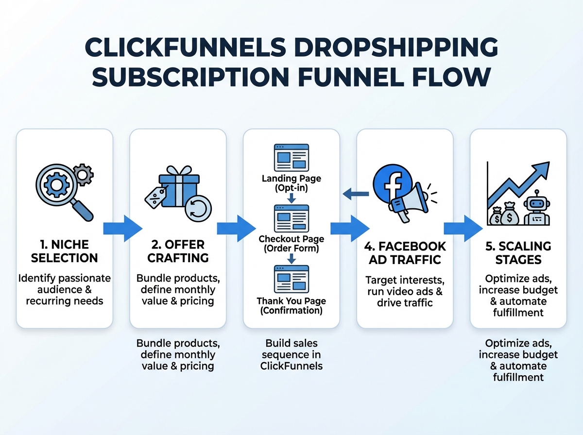 ClickFunnels dropshipping subscription funnel diagram showing niche selection, offer crafting, funnel pages, Facebook ad traffic, and scaling stages in a sequential flow