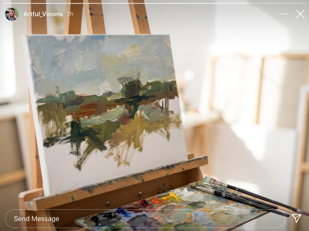 Instagram Stories sequence for a visual creative brand showing work-in-progress shot, poll sticker asking about color preference, and behind-the-scenes studio clip with reply button visible