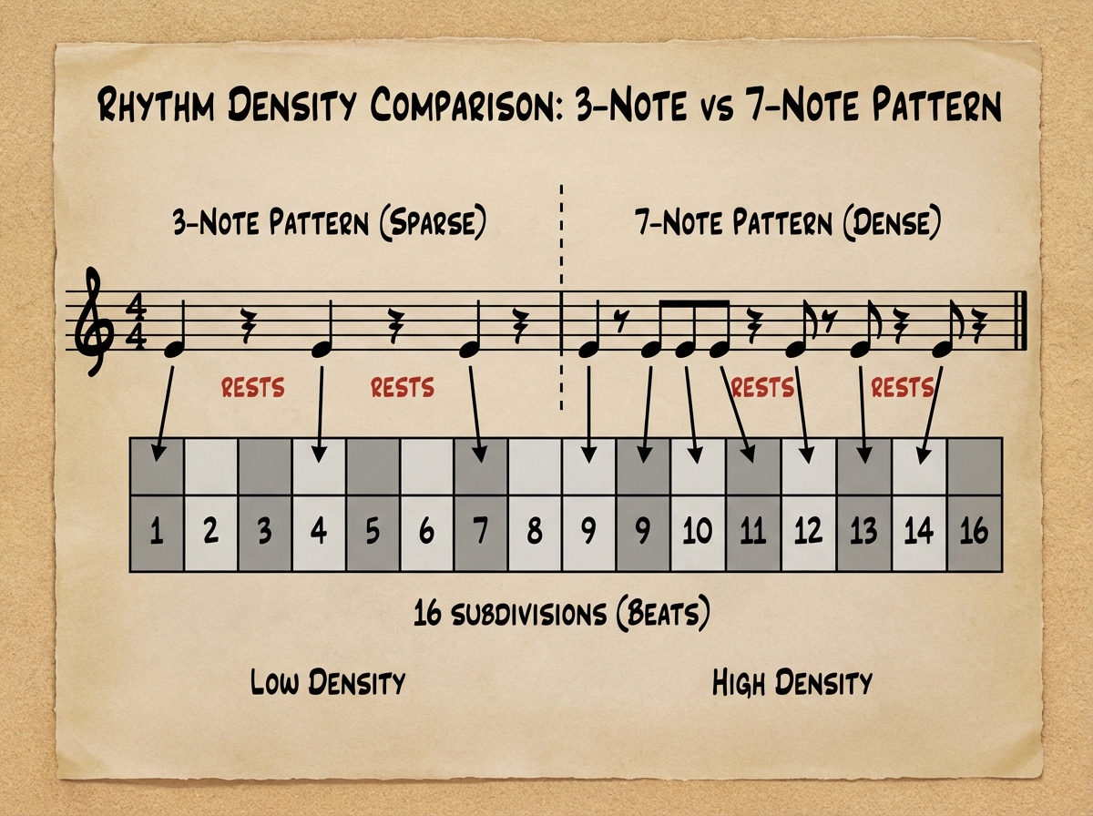 Side-by-side comparison of 3-note vs 7-note piano rhythm patterns on a single staff, showing note placement within 16 subdivisions, with rests clearly marked to highlight density difference