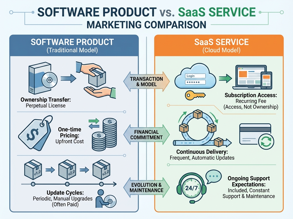 Software product vs SaaS service marketing comparison showing ownership transfer, one-time pricing, and update cycles against subscription access, continuous delivery, and ongoing support expectations