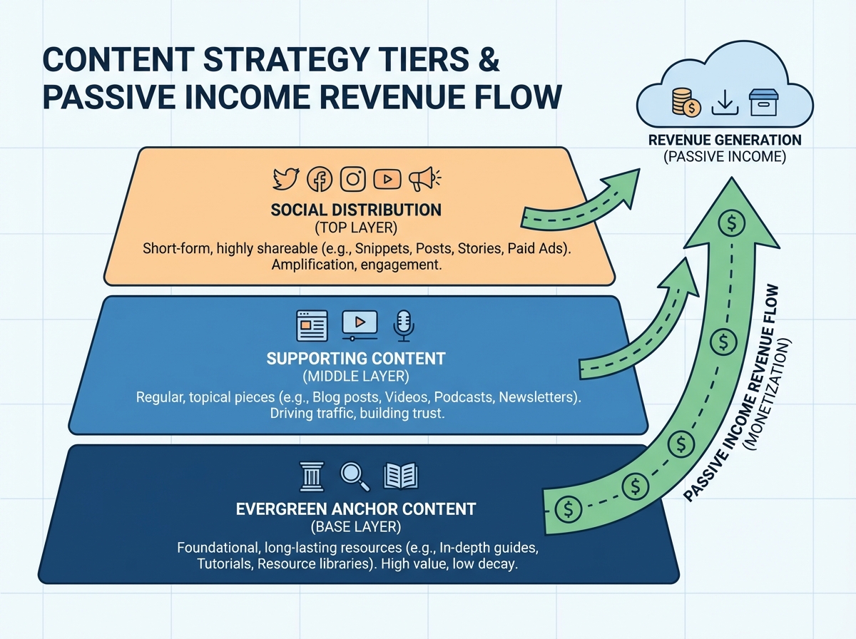 Content strategy tiers diagram showing evergreen anchor content at the base, supporting content in the middle layer, and social distribution at the top, with passive income revenue flow arrows
