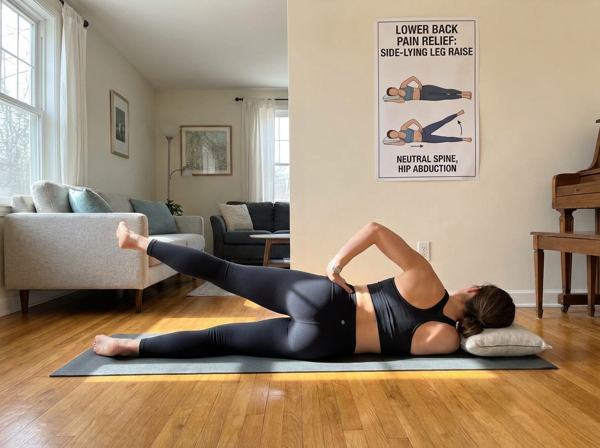 Person performing side-lying leg raise exercise for lower back pain relief with neutral spine alignment, demonstrating hip abduction without pelvic tilt compensation
