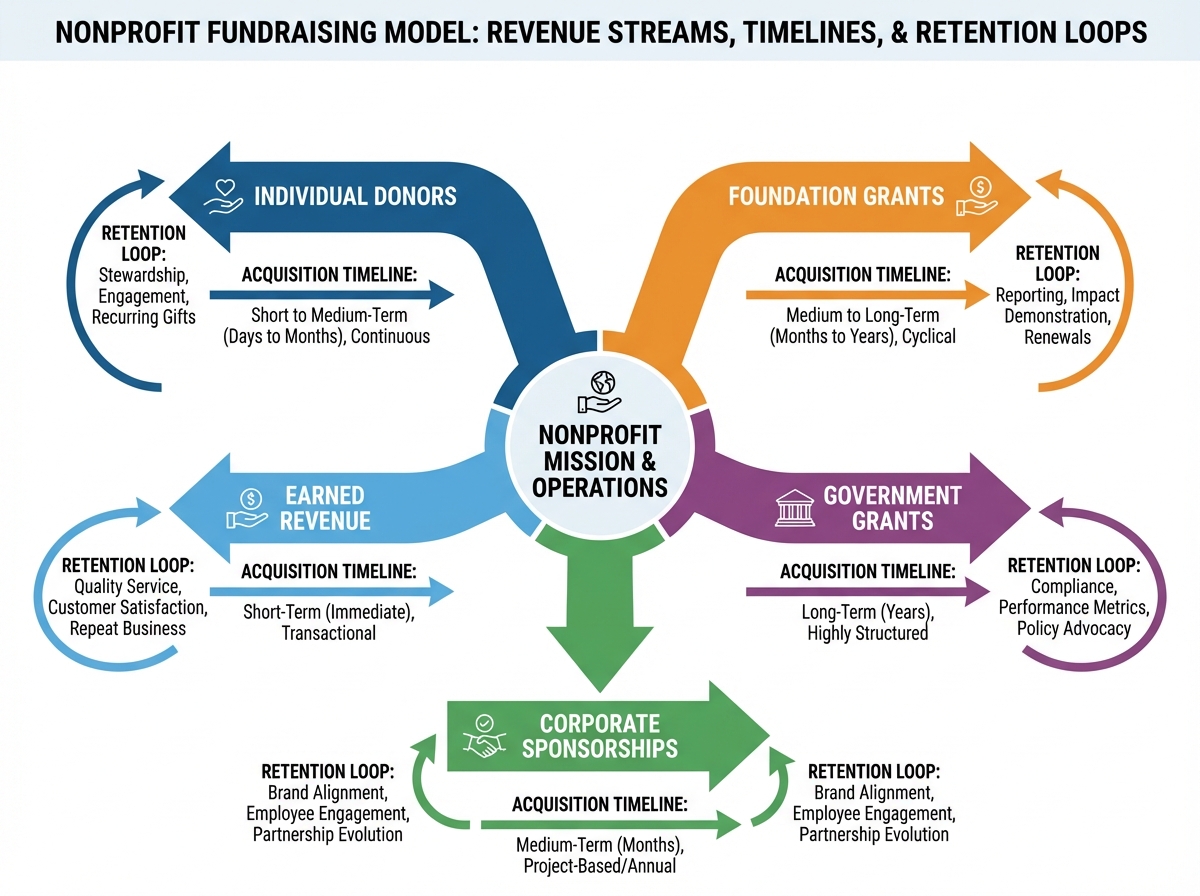 Nonprofit fundraising model diagram showing five revenue streams — individual donors, foundation grants, government grants, corporate sponsorships, earned revenue — with acquisition timelines and retention loops