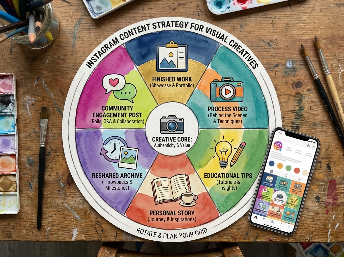 Content category wheel for Instagram marketing for visual creatives showing six content types: finished work, process video, educational tips, personal story, reshared archive, and community engagement post