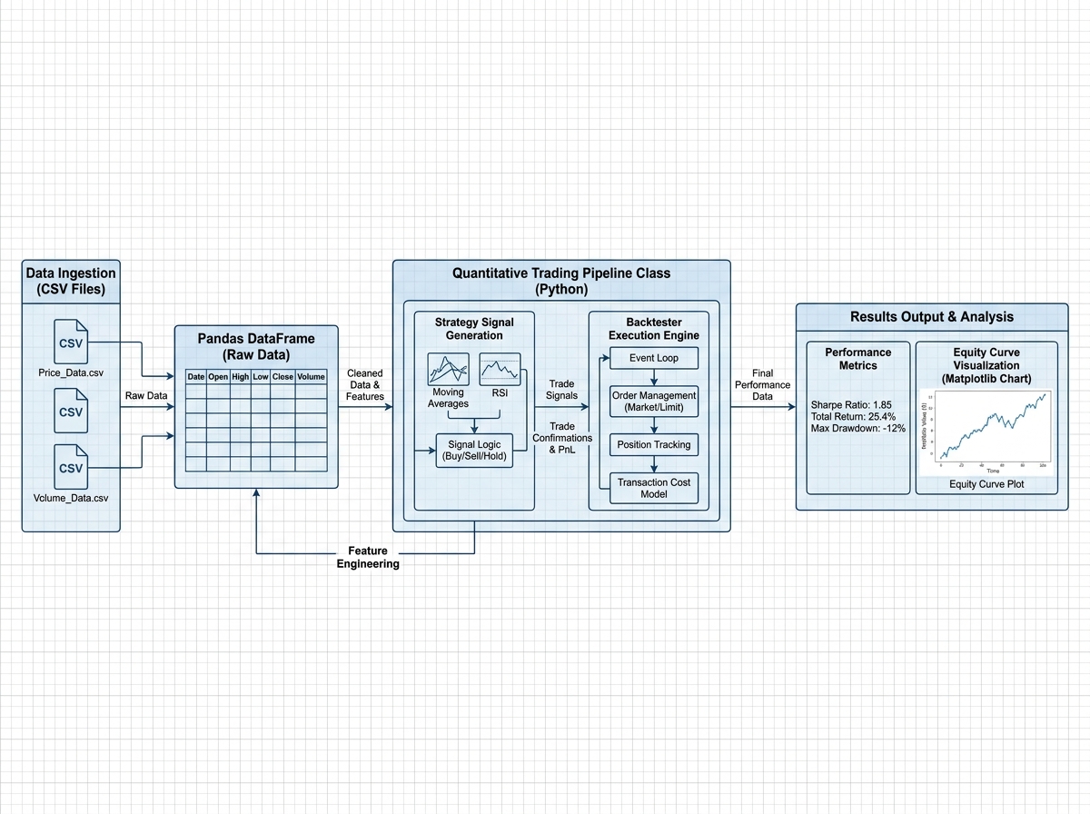 Quantitative trading backtest pipeline in Python showing data ingestion from CSV through Pandas DataFrame, pipeline class, strategy signal generation, backtester execution engine, and results output with Sharpe ratio and equity curve