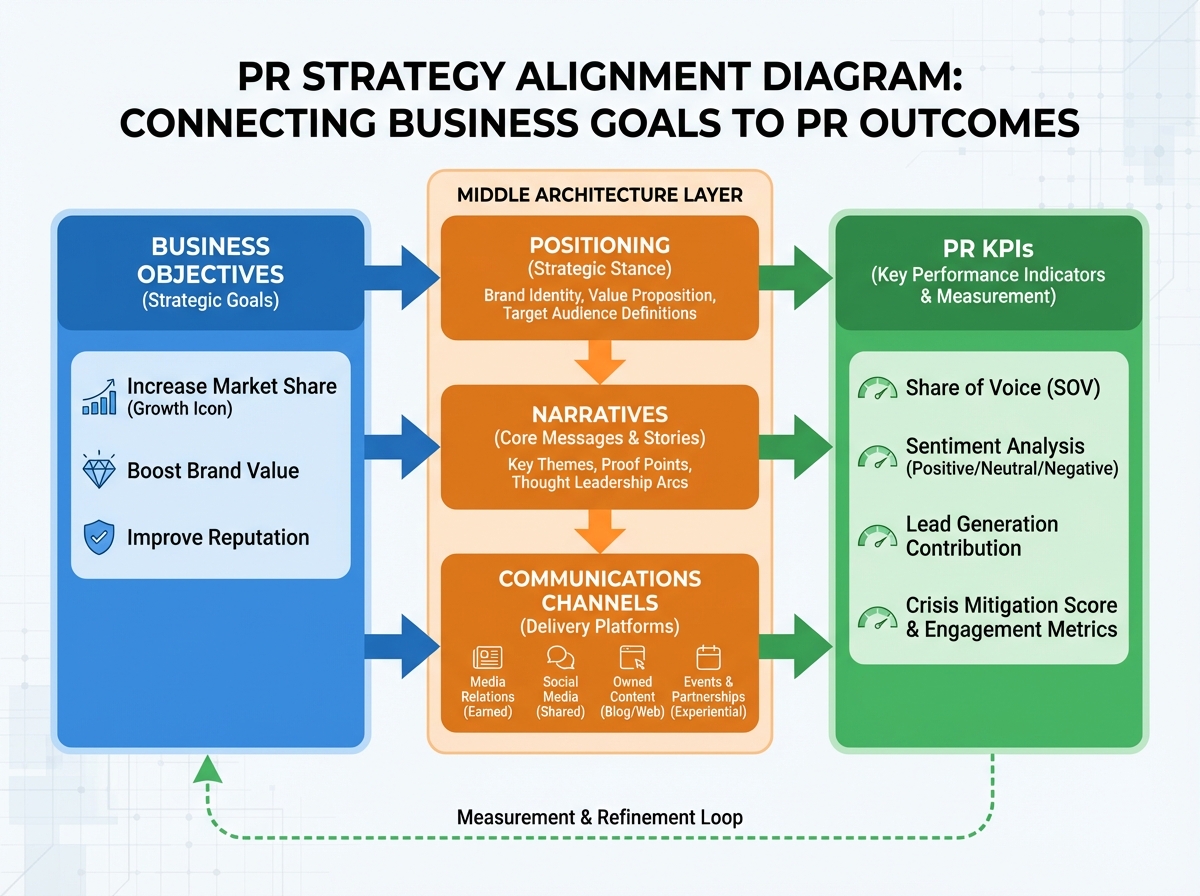 PR strategy alignment diagram connecting business objectives on the left to PR KPIs on the right, with positioning, narratives, and communications channels as the middle architecture layer