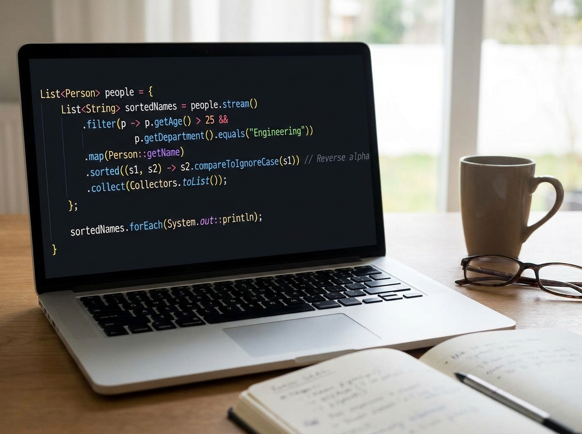 Java streams and lambda expressions code scene showing filter, map, and collect pipeline on a List of objects with method reference syntax and Comparator lambda for sorted output