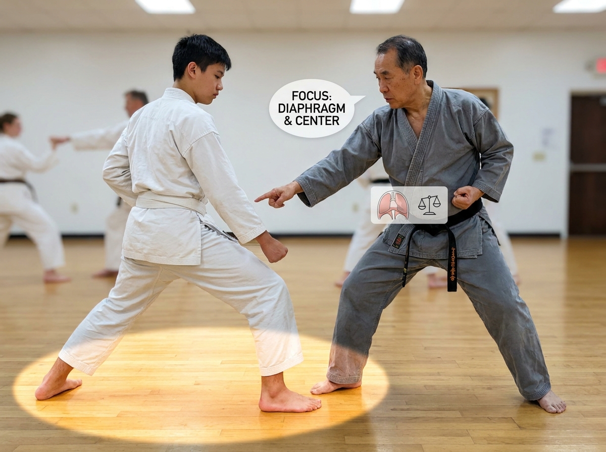 Teaching moment snapshot: two people in a mirrored stance; the student’s feet and posture are highlighted while the instructor points to a single cue about balance and breathing.