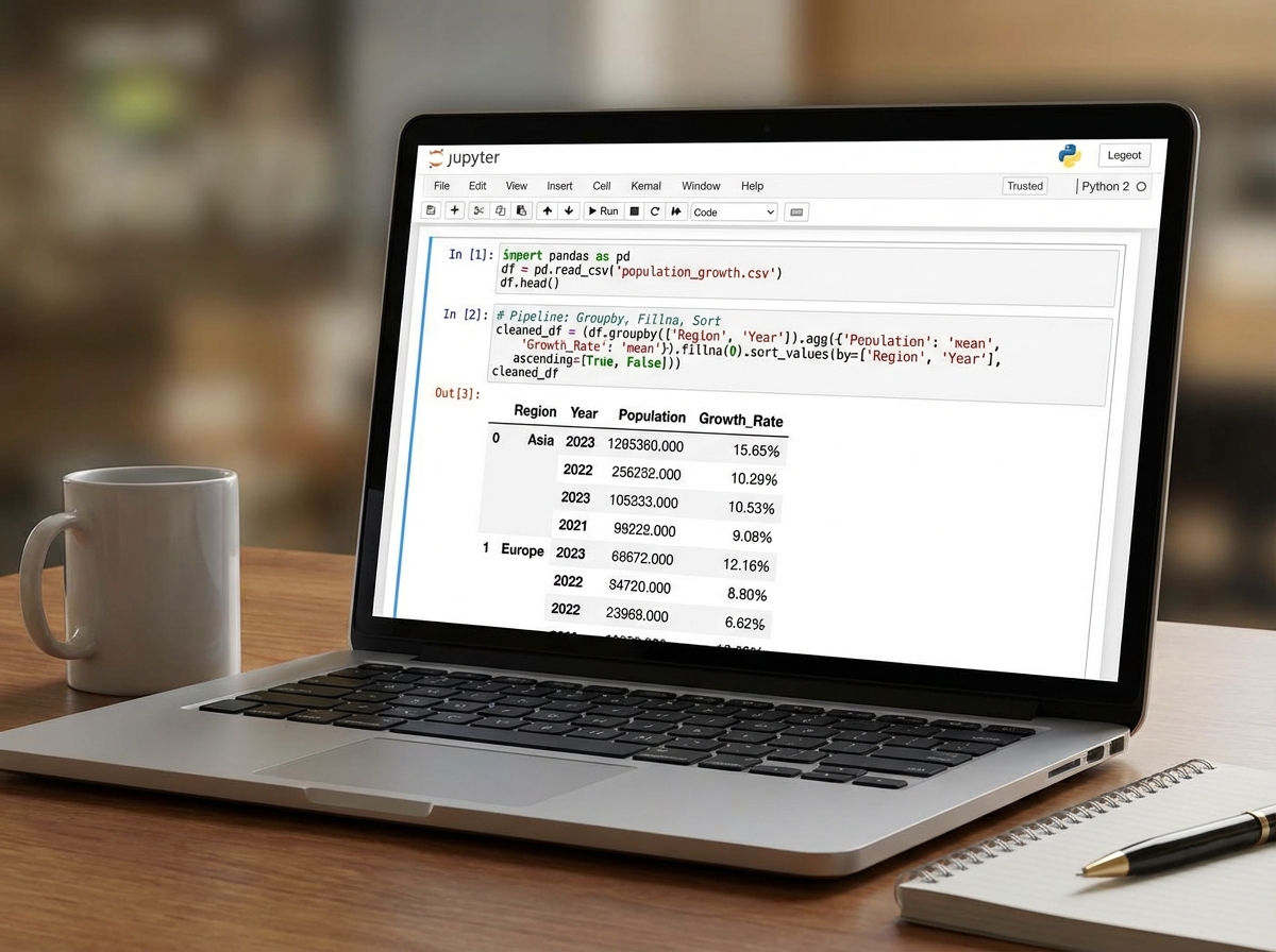Pandas DataFrame in Jupyter Notebook showing population growth dataset with groupby aggregation, fillna imputation, and multi-column sort applied sequentially in a data cleaning pipeline for Python Excel integration