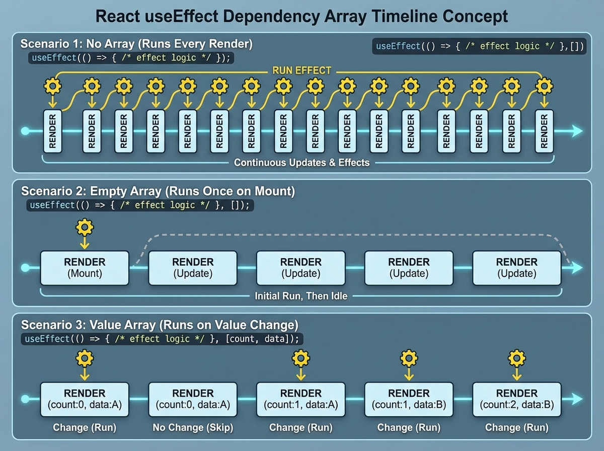 React useEffect dependency array concept showing three scenarios: no array runs every render, empty array runs on mount, value array runs on value change with timeline