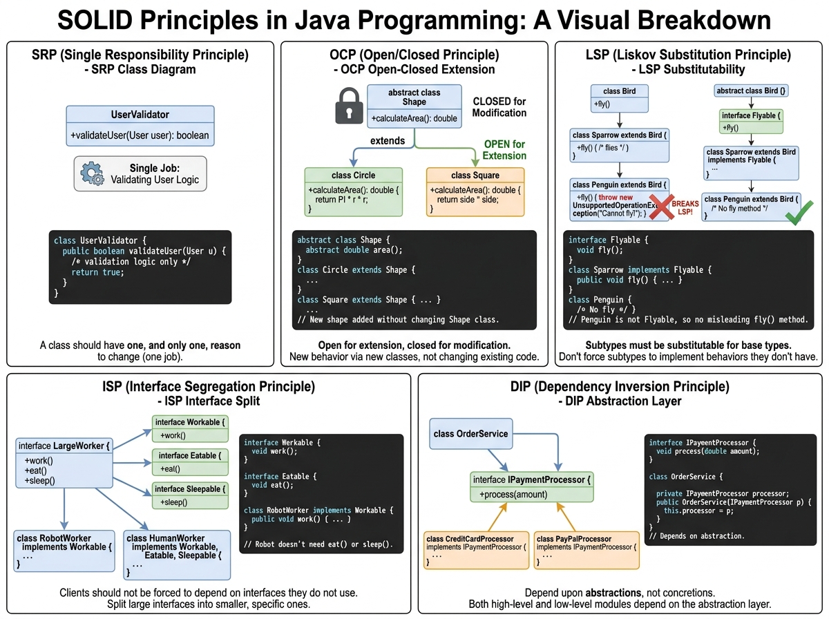 SOLID principles in Java programming visual breakdown showing five principles with code-level examples: SRP class diagram, OCP open-closed extension, LSP substitutability, ISP interface split, DIP abstraction layer