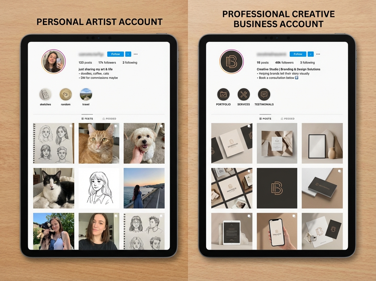 Side-by-side comparison of personal artist Instagram account versus professional creative business account showing branding consistency, bio optimization, and highlight structure differences