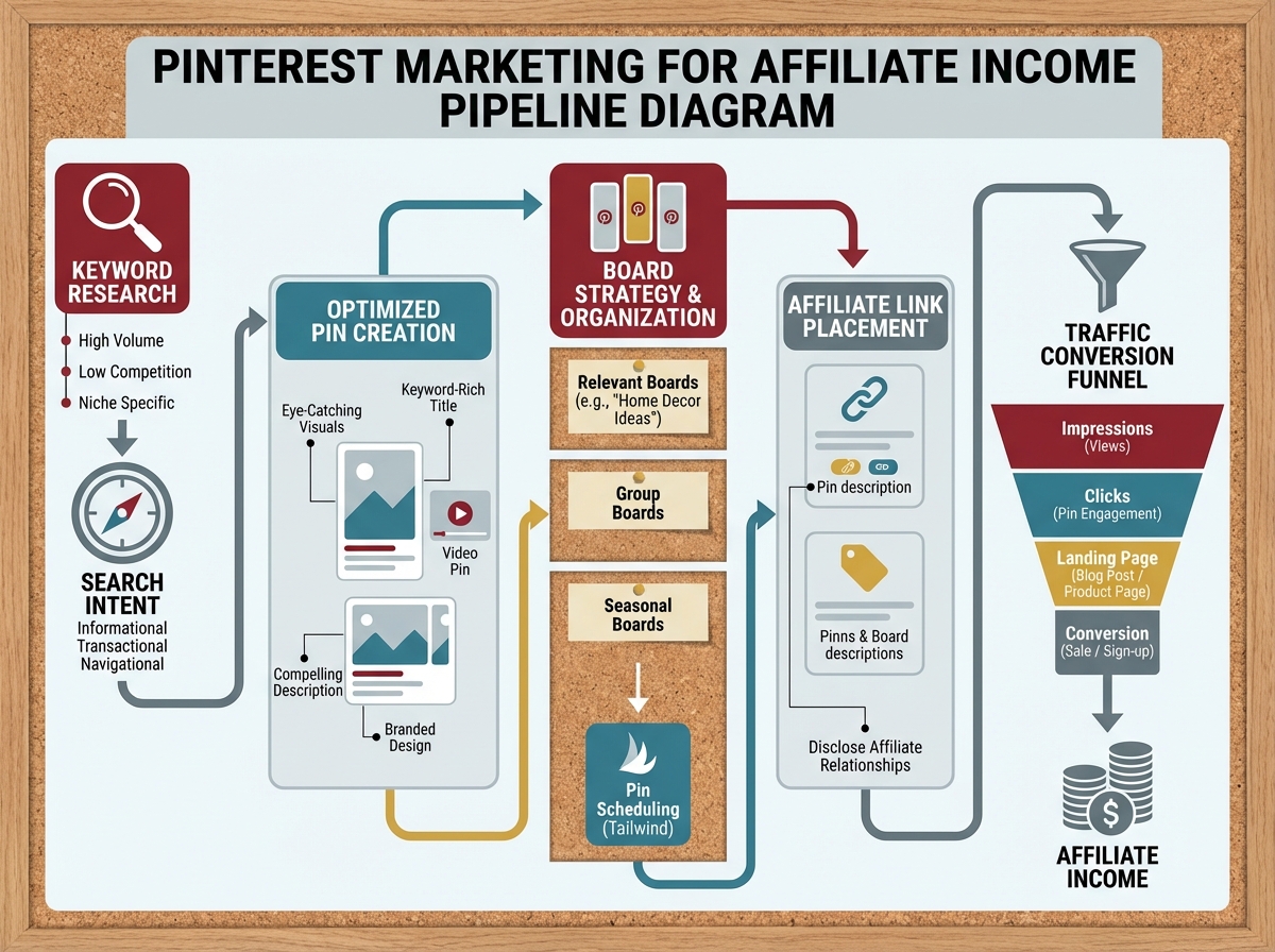 Pinterest marketing for affiliate income pipeline diagram showing search intent flowing from keyword research through optimized pin creation to board strategy, affiliate link placement, and traffic conversion funnel