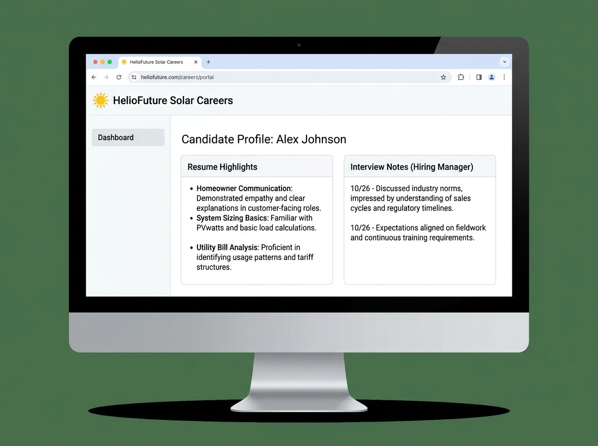Solar career application screenshot mockup showing resume highlights for homeowner communication, system sizing basics, utility bill analysis, and interview notes about industry norms and expectations
