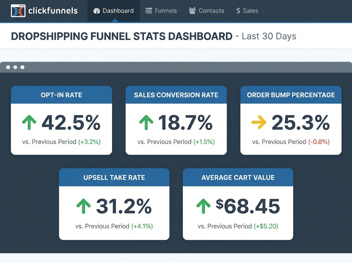 ClickFunnels dropshipping funnel stats dashboard showing opt-in rate, sales conversion rate, order bump percentage, upsell take rate, and average cart value metrics with color-coded performance indicators